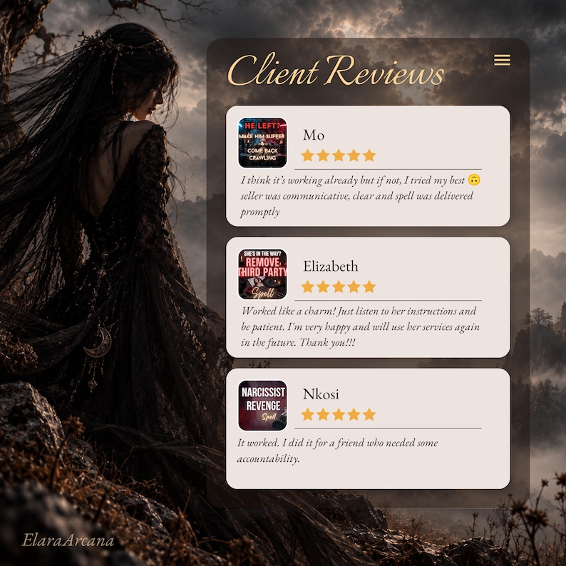 The image is a screenshot of a client review page featuring three different reviews of a book or service. The reviews are written in a dark, moody font and are placed in a grid format. The reviews are from different people, with one person rating the book highly and another person rating it moderately. The reviews seem to be about a book or service, but the specific content of the reviews is not provided.