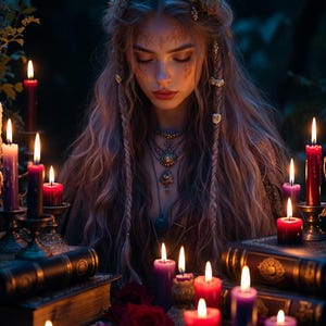 May include: A woman with long, wavy hair and braids is surrounded by lit candles of various colors. She wears ornate jewelry and is looking down. Books and roses are also present, creating a mystical and romantic atmosphere.