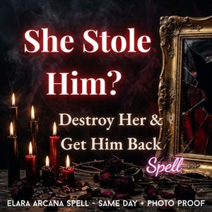 Könnte beinhalten: Ein Bild mit dem Text "She Stole Him? Destroy Her & Get Him Back Spell". Das Bild zeigt brennende Kerzen, einen zerbrochenen Spiegel in einem goldenen Rahmen und verstreute Rosenblätter. Der Text "ELARA ARCANA SPELL - SAME DAY + PHOTO PROOF" ist ebenfalls vorhanden.