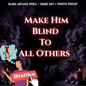 Op de afbeelding: Digitale illustratie met de tekst "MAKE HIM BLIND TO ALL OTHERS" in oplichtende witte letters. Een persoon wordt getoond met een "Dislike"-knop en een denkbeeldige bubbel met mensen. De achtergrond is donker met rookeffecten.