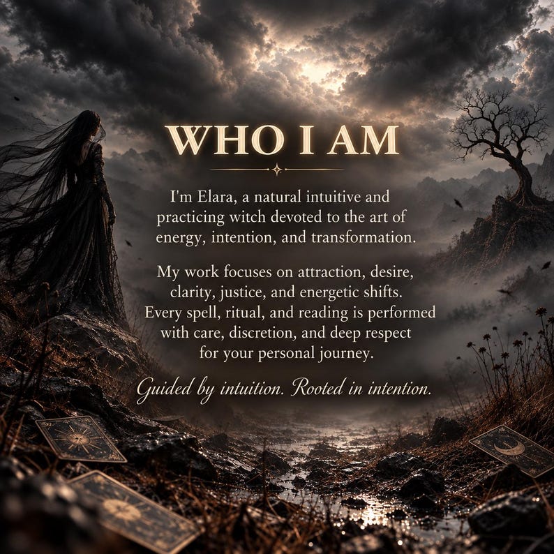 The image is a dark, moody scene with a woman in a flowing dress standing in front of a misty mountain landscape. The text above the image reads "WHO I AM", and below it, there is a description of the woman's spiritual journey.
