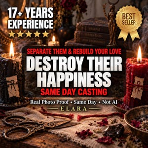 May include: A black candle and a red candle with lit wicks, metal scissors with a pentagram, and text reading 17+ YEARS EXPERIENCE, SEPARATE THEM & REBUILD YOUR LOVE, DESTROY THEIR HAPPINESS, SAME DAY CASTING, Real Photo Proof, Not AI, and ELARA.