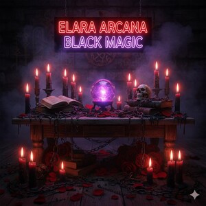 May include: A mystical scene featuring a wooden table adorned with lit red candles, books, a skull, and a glowing crystal ball. The text "ELARA ARCANA BLACK MAGIC" is displayed above. Chains and rose petals add to the dark, gothic atmosphere.
