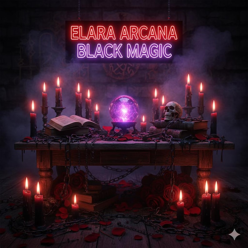 May include: A mystical scene featuring a wooden table adorned with lit red candles, books, a skull, and a glowing crystal ball. The text "ELARA ARCANA BLACK MAGIC" is displayed above. Chains and rose petals add to the dark, gothic atmosphere.