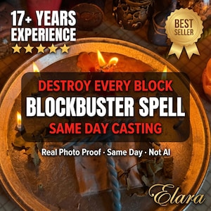 Puede incluir: Una bandeja circular de tono plateado que contiene varias velas encendidas con llamas naranjas, hojas secas y una pequeña bolsa de tela. Las superposiciones de texto dicen 17+ YEARS EXPERIENCE, BEST SELLER, DESTROY EVERY BLOCK BLOCKBUSTER SPELL y Elara.