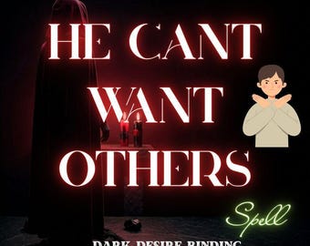 May include: A digital graphic featuring the text ELARA ARCANA SPELL - SAME DAY + PHOTO PROOF, HE CANT WANT OTHERS, and DARK DESIRE BINDING. A hooded figure stands in red light near candles, with a cartoon person making an X gesture.