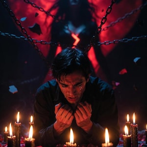 May include: A dramatic scene featuring a person in distress, surrounded by lit candles and rose petals. A broken heart graphic is in the background, with chains and a shadowy figure. The lighting is dim, creating a somber atmosphere.