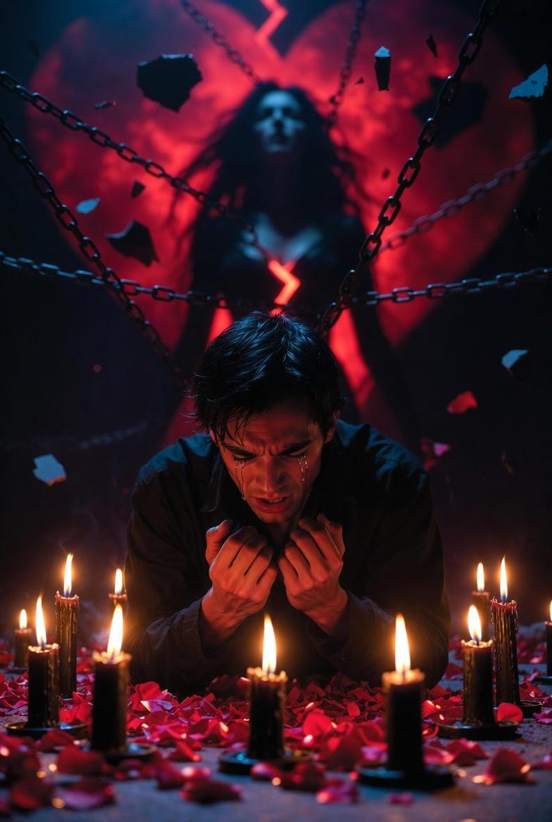 May include: A dramatic scene featuring a person in distress, surrounded by lit candles and rose petals. A broken heart graphic is in the background, with chains and a shadowy figure. The lighting is dim, creating a somber atmosphere.