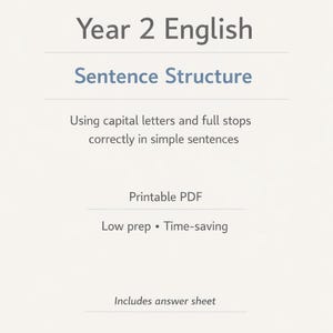 Puede incluir: Recurso educativo digital para inglés de 2º curso, centrado en la estructura de las oraciones. La imagen muestra texto sobre el uso correcto de mayúsculas y puntos en oraciones simples. Es un PDF imprimible, de baja preparación, ahorra tiempo e incluye hoja de respuestas.