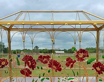 Personalized Hand Painted Large Floral Wedding Card Box | Faux Stained Glass, Poppies, Vintage, Gold Detailing