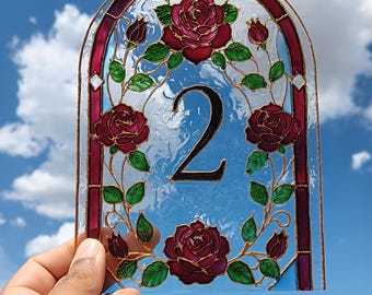 Custom Hand Painted Floral Wedding Table Numbers | Faux Stained Glass Gold Detailing Frosted Acrylic