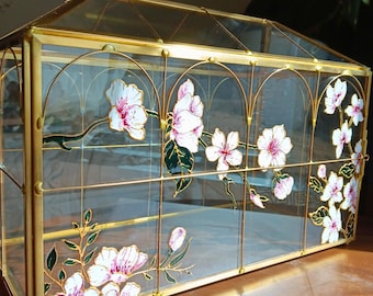 Personalized Hand Painted Large Floral Wedding Card Box | Cherry Blossom Faux Stained Glass Gold Detailing