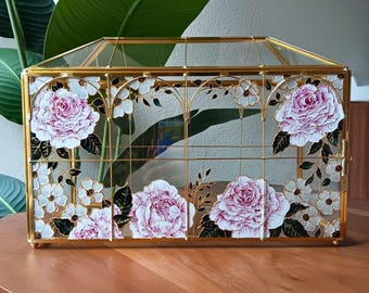 Custom Hand Painted Large Floral Wedding Card Box | Personalized Faux Stained Glass Detailing