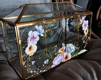 Personalized Hand Painted Floral Wedding Card Box | Spring Flowers Faux Stained Glass Gold Detailing