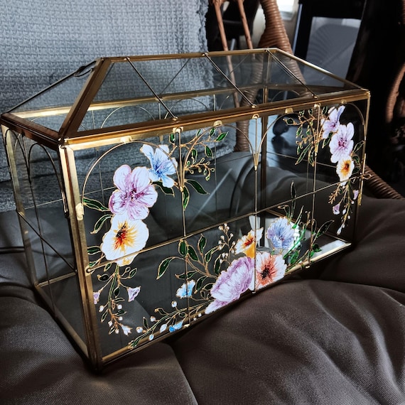Personalized Hand Painted Floral Wedding Card Box | Spring Flowers Faux Stained Glass Gold Detailing