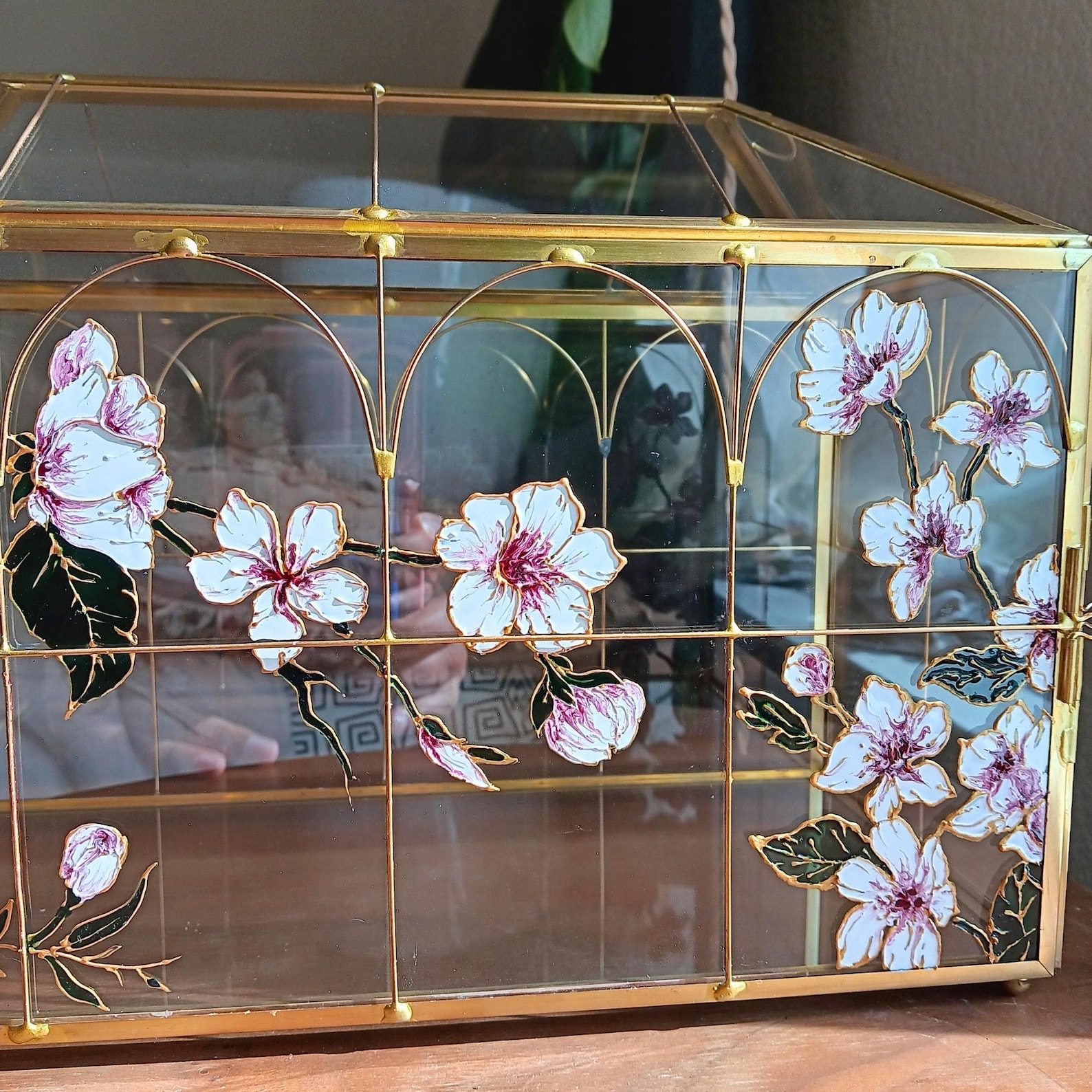 Personalized Hand Painted Floral Wedding Card Box | Cherry Blossom Faux Stained Glass Gold Detailing - Pink, 1
