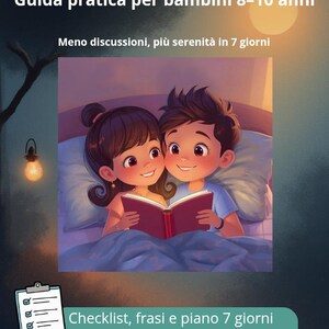 May include: An illustrated book cover with the title "Routine serale senza stress" and the subtitle "Guida pratica per bambini 8-10 anni." The image shows two cartoon children reading a book in bed. Text includes "Checklist, frasi e piano 7 giorni pronto da usare."