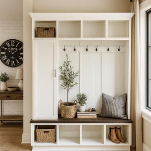 May include: A white entryway bench with a dark wood top, featuring storage cubbies, hooks, and a built-in bench. Includes a woven rug, baskets, and decorative plants. A large black clock is visible in the background.