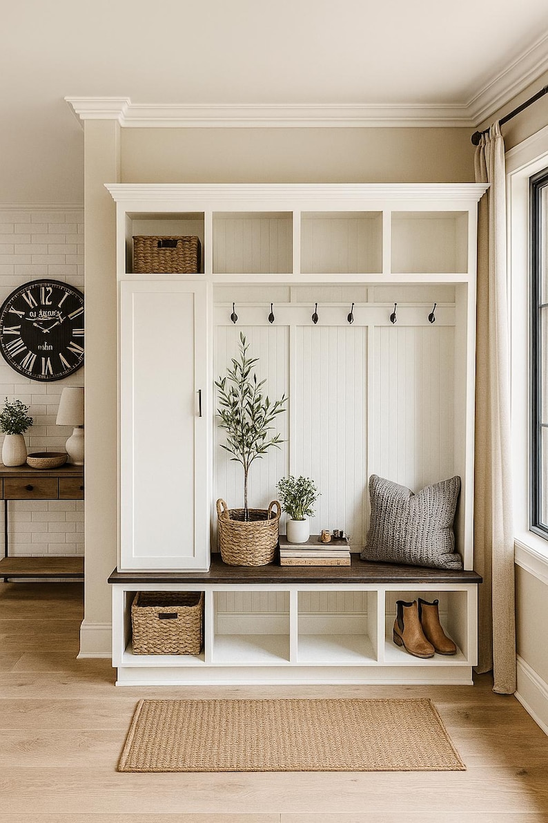May include: A white entryway bench with a dark wood top, featuring storage cubbies, hooks, and a built-in bench. Includes a woven rug, baskets, and decorative plants. A large black clock is visible in the background.