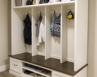 Merrick Coat Rack with Shoe Storage Bench: Entryway Hall Tree (4-section)