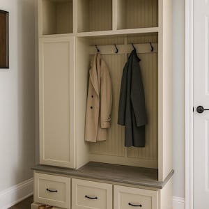 Oregon Mudroom Storage Bench | Entryway Hall Tree with Hooks & Shoe Storage | Custom Built (3-section) image 7