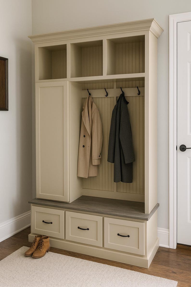 Oregon Mudroom Storage Bench | Entryway Hall Tree with Hooks & Shoe Storage | Custom Built (3-section) image 7