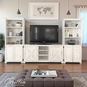 Bradenton Farmhouse Entertainment Center – Rustic TV Stand with Bookcases | Large Media Console | Custom Wood Furniture