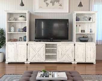 Bradenton Rustic Farmhouse Entertainment Center: Distressed Wood TV Stand with Bookcases