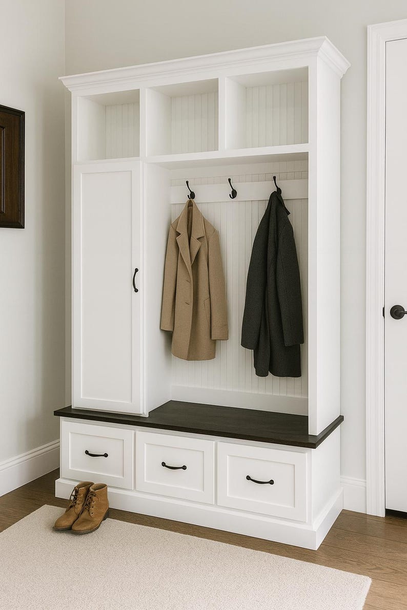 Oregon Mudroom Storage Bench | Entryway Hall Tree with Hooks & Shoe Storage | Custom Built (3-section) image 9
