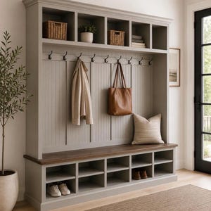 Moraga Mudroom Hall Tree Bench: Farmhouse Entryway Organizer (5-section)