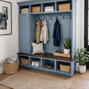 May include: A blue entryway storage unit with a bench, hooks, and cubbies. Wicker baskets, coats, shoes, and a decorative pillow are visible. A woven rug and potted plants complete the space.