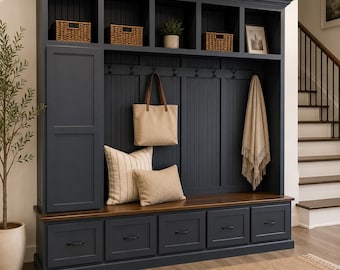 Oregon Mudroom Bench Hall Tree | 5-Section Entryway Storage Cabinet, Hardwood, Custom Organizer