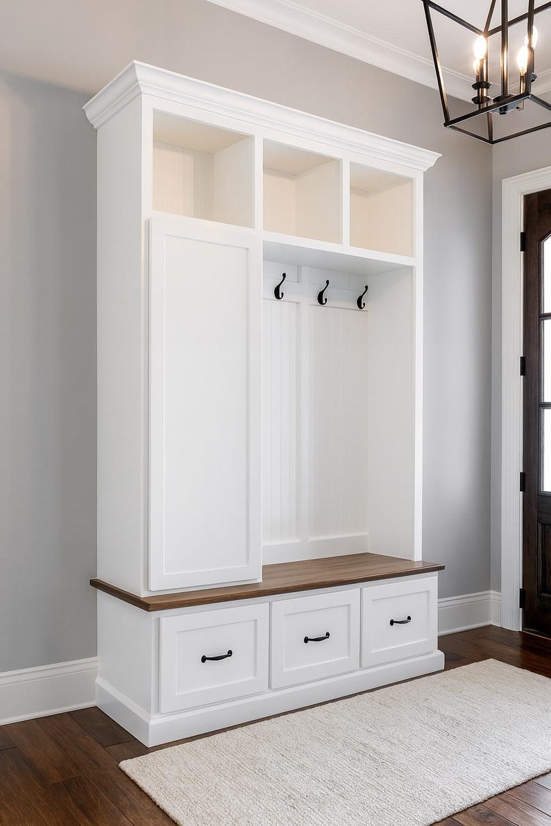 Oregon Mudroom Storage Bench | Entryway Hall Tree with Hooks & Shoe Storage | Custom Built (3-section) image 1