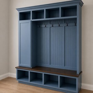 May include: A blue wooden entryway storage unit with multiple compartments, hooks, and a bench. The unit has a dark brown bench seat and a series of open cubbies at the top. The unit is painted in a muted blue color.