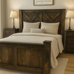 Cape Coral Rustic Wood Bed Frame: King Size Storage, Farmhouse Bedroom Furniture Dark Walnut Stain