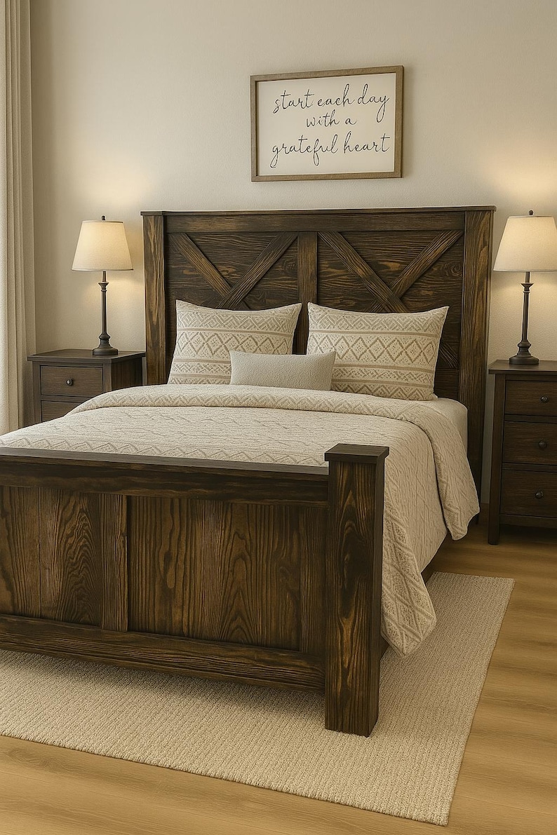 Cape Coral Rustic Wood Bed Frame: King Size Storage, Farmhouse Bedroom Furniture Dark Walnut Stain
