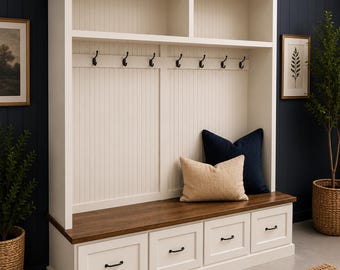 Nashville Rustic Farmhouse Entryway Bench: Mudroom Organizer with Cubbies (4-section)
