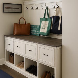 Markley Farmhouse Hall Tree: Custom Mudroom Bench with Coat Hooks