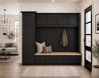 Puede incluir: Un mueble de almacenamiento de entrada negro con un banco, cajones y ganchos para abrigos. La unidad tiene un asiento de banco de madera clara y dos almohadas decorativas. Una alfombra beige está en el suelo.