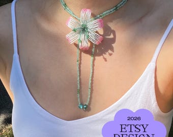 Pink & White Beaded Flower Lariat Necklace | Handmade Mint Green Choker with Long Drop Chains | Botanical Statement Jewelry