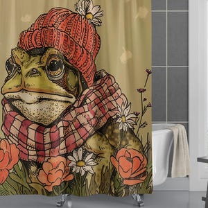 Frog Shower Curtain: Whimsical Toad, Flowers, Winter Hat, Scarf Bathroom Decor
