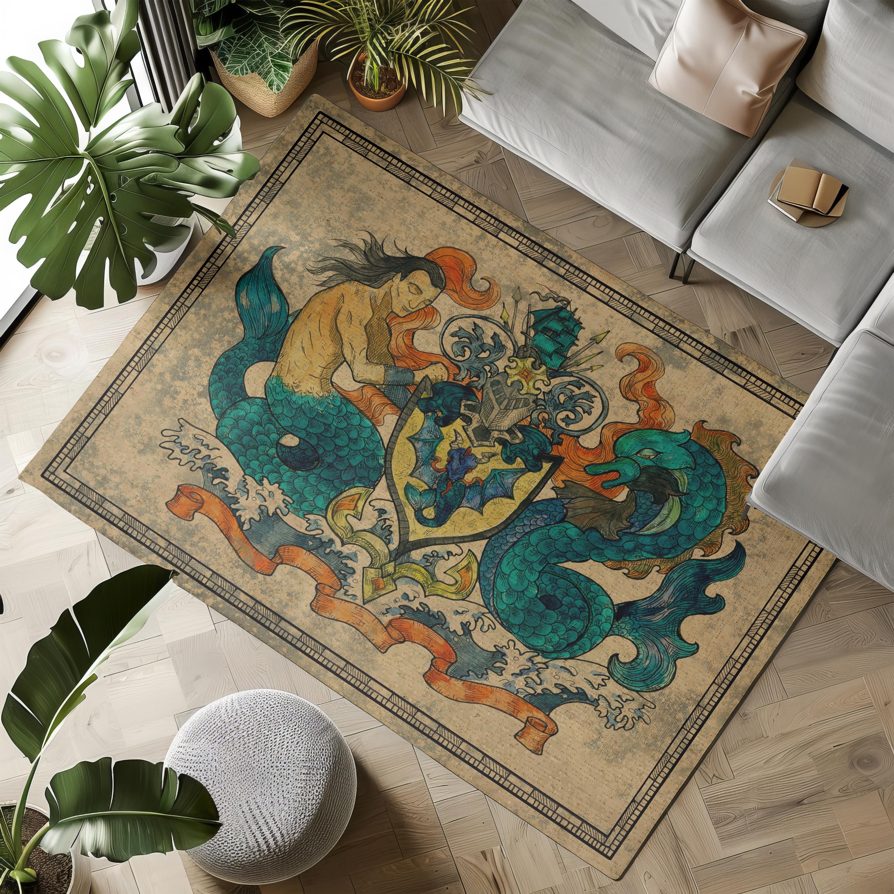 Medieval Area Rug Medieval Merman Sea Monster Rug : Vintage Nautical Heraldic Crest ...