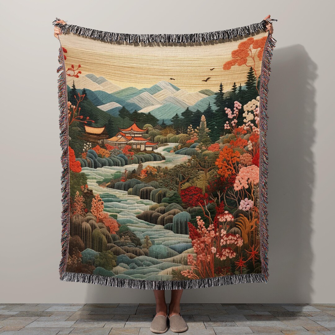 Japanese Pattern Throw Japanese Landscape Woven Throw Blanket: Large Cotton Tapestry, Pagoda ...