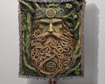 Green Man Forest Spirit Woven Throw Blanket: Pagan Nature Deity Tapestry, Mythical Woodland Wall Hanging, Celtic Folk Art Home Decor