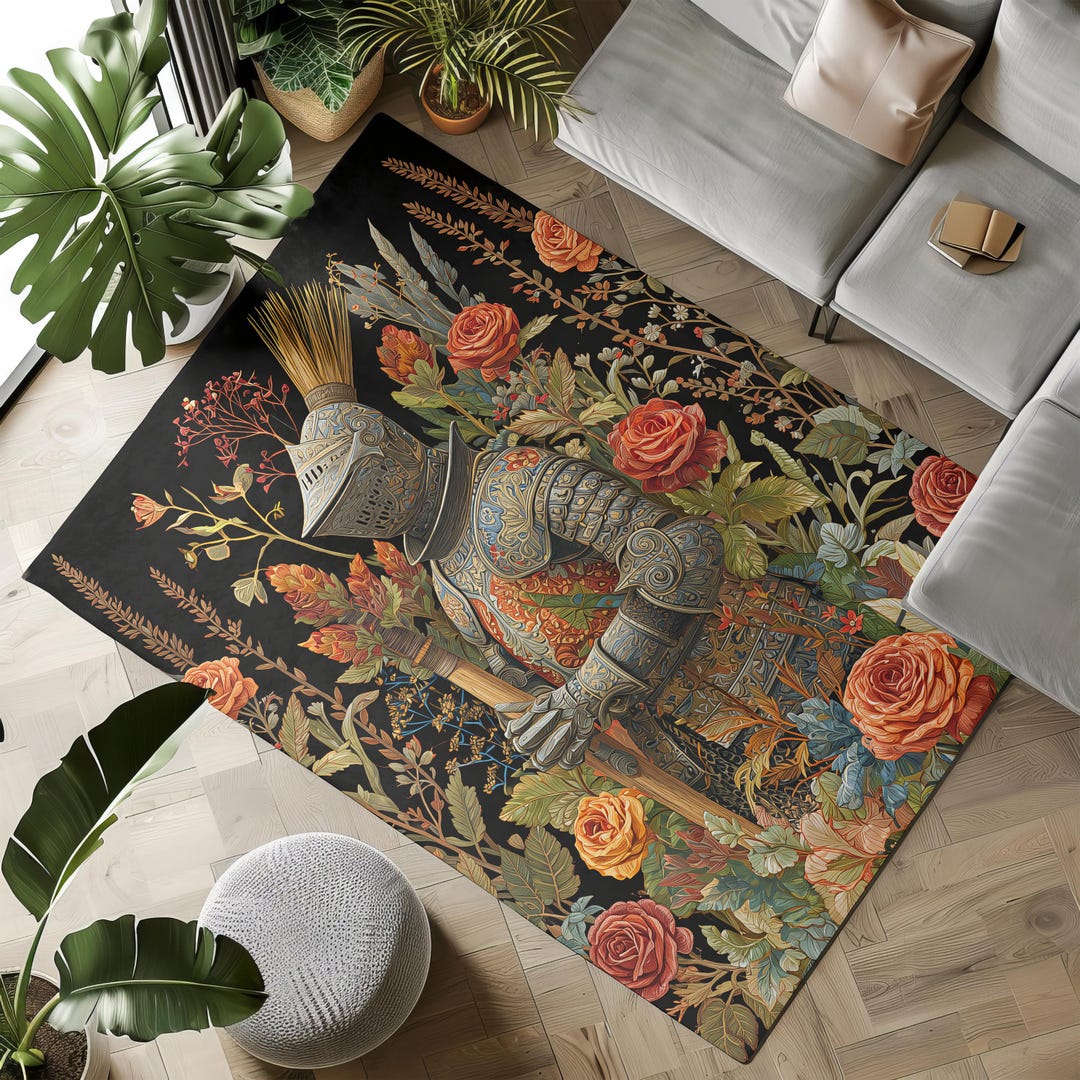 Knight Castle Rug Medieval Floral Knight Rug : Gothic Rose Garden Decor, Vintage Armor ...