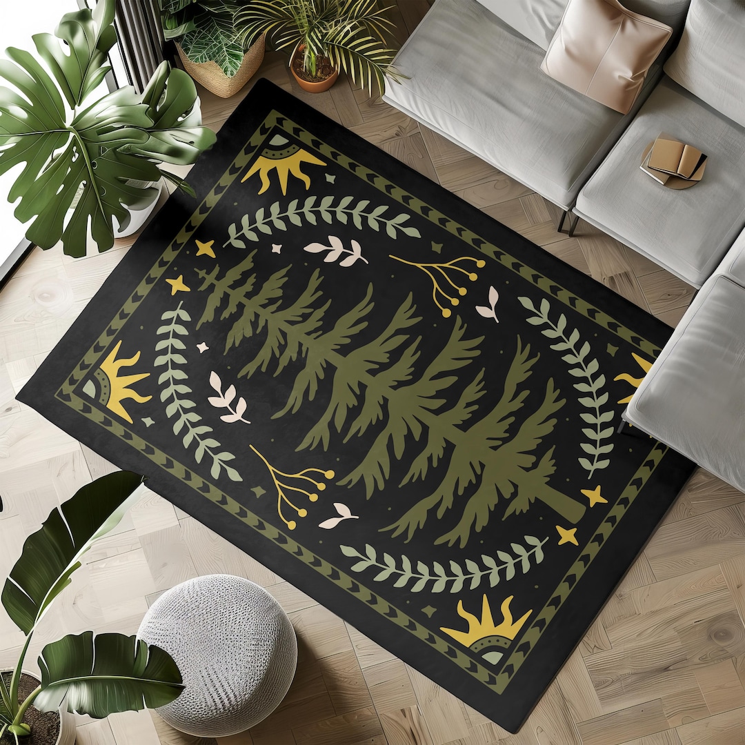 Spruce Tree Rug Evergreen Pine Forest Rug : Folk Art Botanical Decor, Midnight Moss ...
