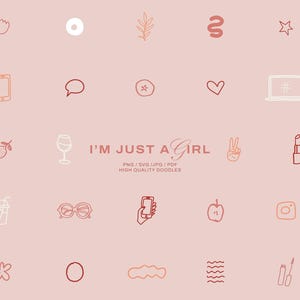 Op de afbeelding: Een verzameling handgetekende doodles in tinten rood en wit op een lichtroze achtergrond. De doodles bevatten een verscheidenheid aan iconen zoals een koffiekopje, lippenstift en een laptop. De tekst luidt "I'M JUST A GIRL".