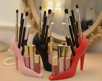 Organizador de maquillaje de tacón alto / Organizador de tocador impreso en 3D / Regalo de moda / Accesorio de escritorio para amantes de los zapatos / Portacepillos