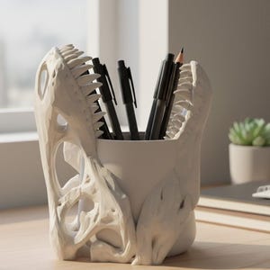 May include: A white cylindrical pencil holder featuring a sculpted T-Rex skull design that wraps around the exterior. The fossil-like structure has jagged teeth and open bone cavities, containing several black pens and a pencil inside the central cup.
