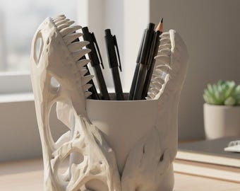 Organizador de escritorio con calavera de T-Rex impresa en 3D, regalo para amantes de los dinosaurios, T-Rex, portalápices, maceta y florero.